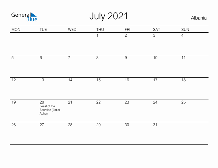 Printable July 2021 Calendar for Albania