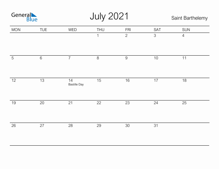 Printable July 2021 Calendar for Saint Barthelemy