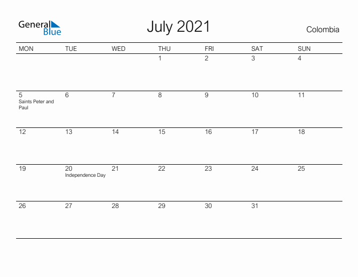 Printable July 2021 Calendar for Colombia