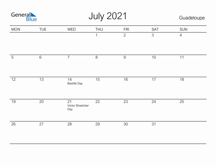 Printable July 2021 Calendar for Guadeloupe