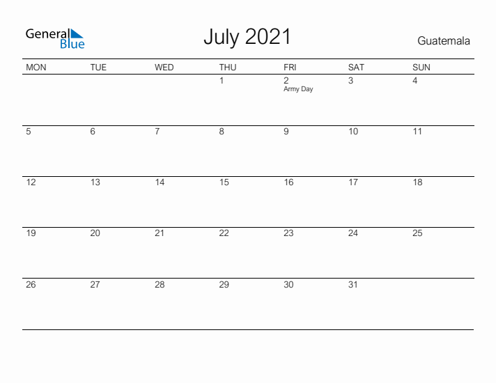 Printable July 2021 Calendar for Guatemala