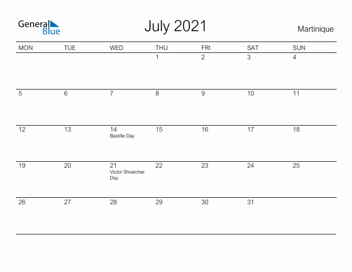 Printable July 2021 Calendar for Martinique