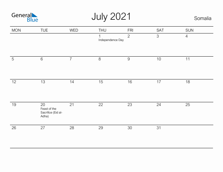 Printable July 2021 Calendar for Somalia