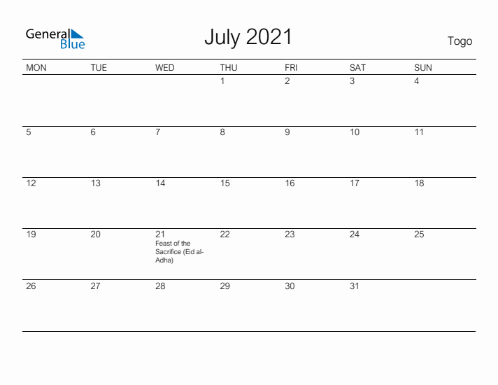 Printable July 2021 Calendar for Togo