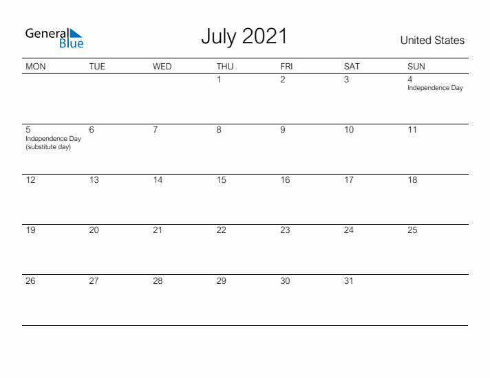 Printable July 2021 Calendar for United States