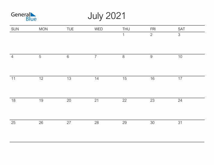 Printable July 2021 Calendar - Sunday Start