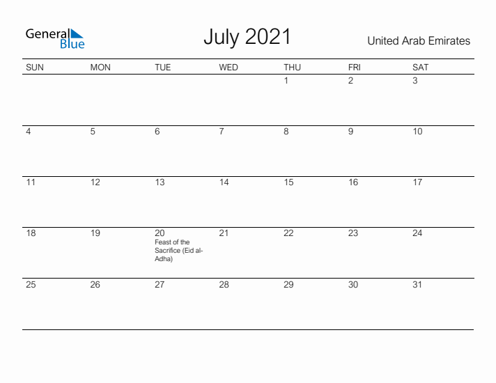 Printable July 2021 Calendar for United Arab Emirates