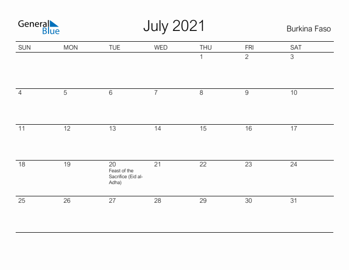 Printable July 2021 Calendar for Burkina Faso