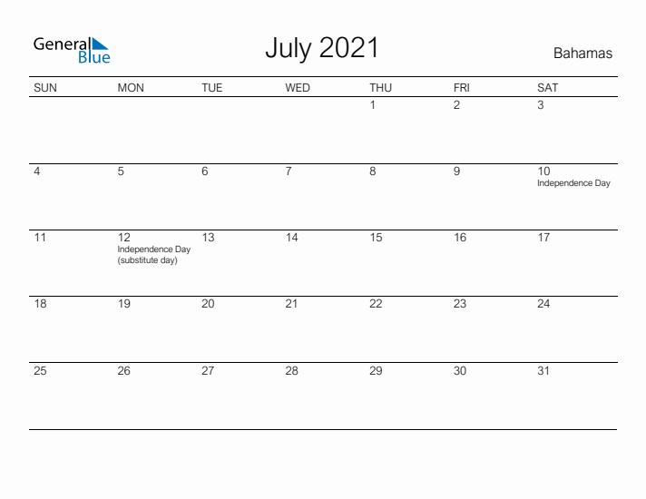 Printable July 2021 Calendar for Bahamas