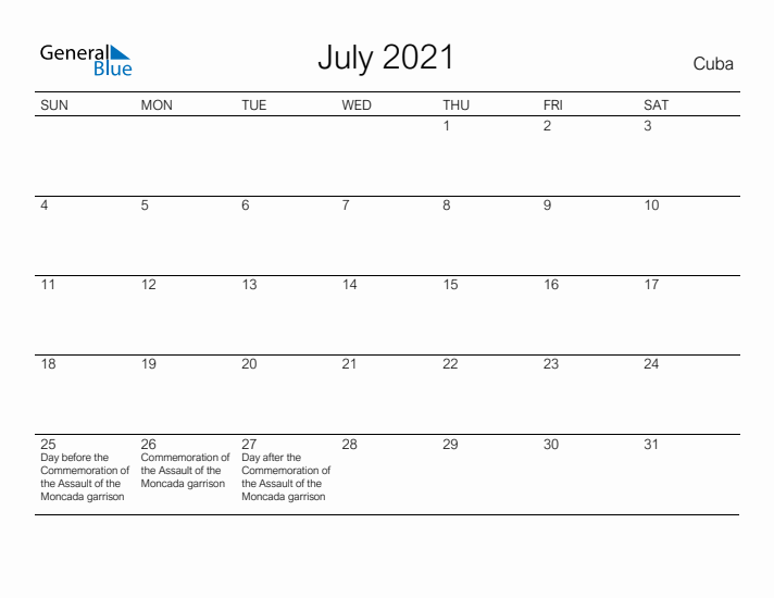 Printable July 2021 Calendar for Cuba