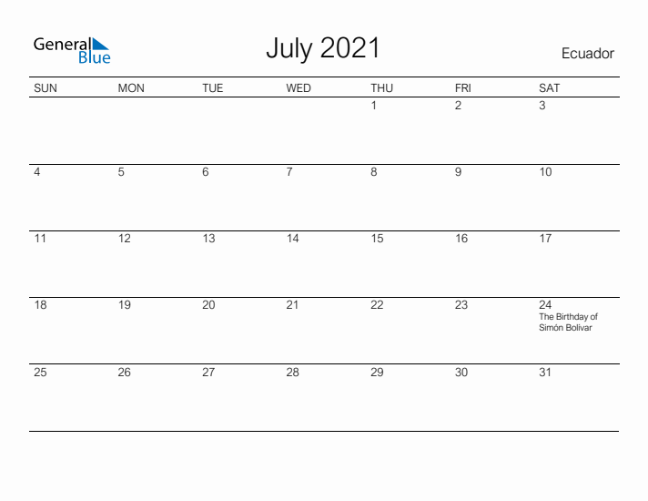 Printable July 2021 Calendar for Ecuador