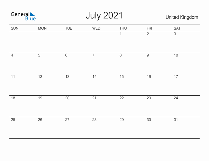 Printable July 2021 Calendar for United Kingdom