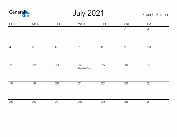 Printable July 2021 Calendar for French Guiana