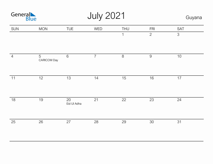 Printable July 2021 Calendar for Guyana