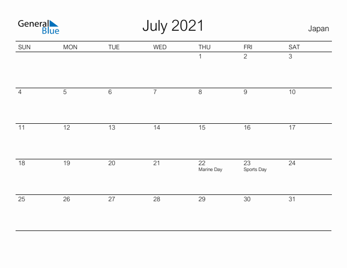 Printable July 2021 Calendar for Japan