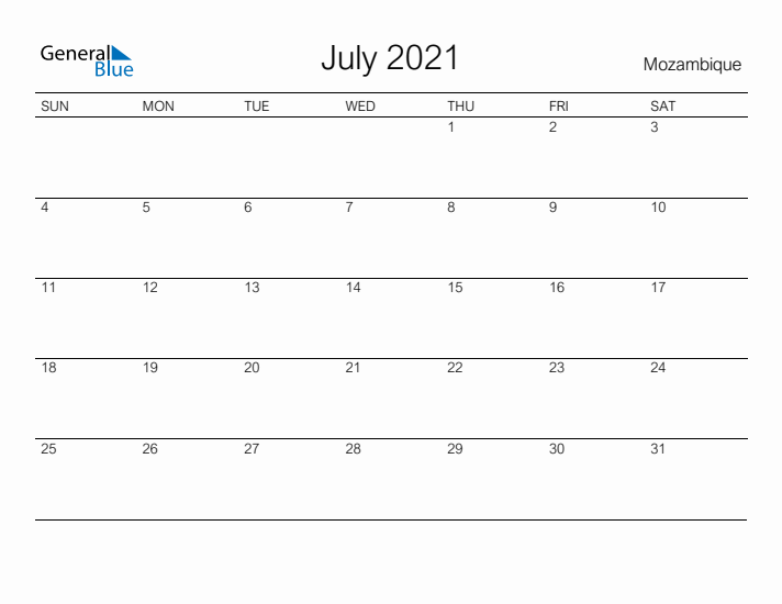 Printable July 2021 Calendar for Mozambique