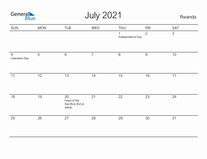 Printable July 2021 Calendar for Rwanda