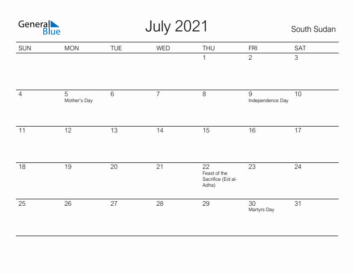 Printable July 2021 Calendar for South Sudan