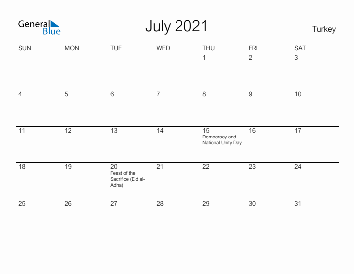 Printable July 2021 Calendar for Turkey