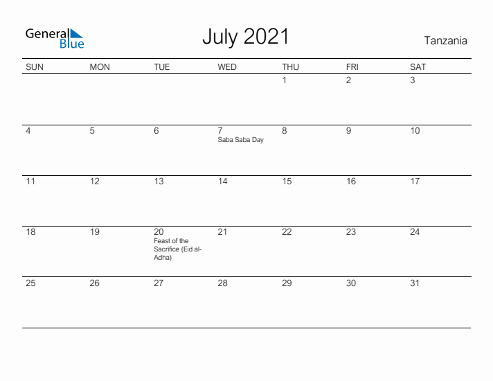 Printable July 2021 Calendar for Tanzania