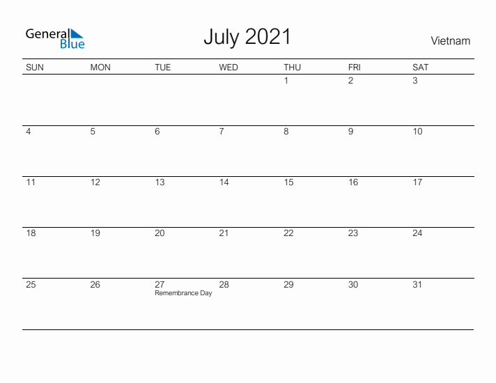 Printable July 2021 Calendar for Vietnam