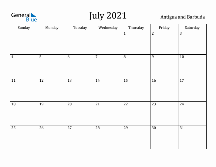 July 2021 Calendar Antigua and Barbuda