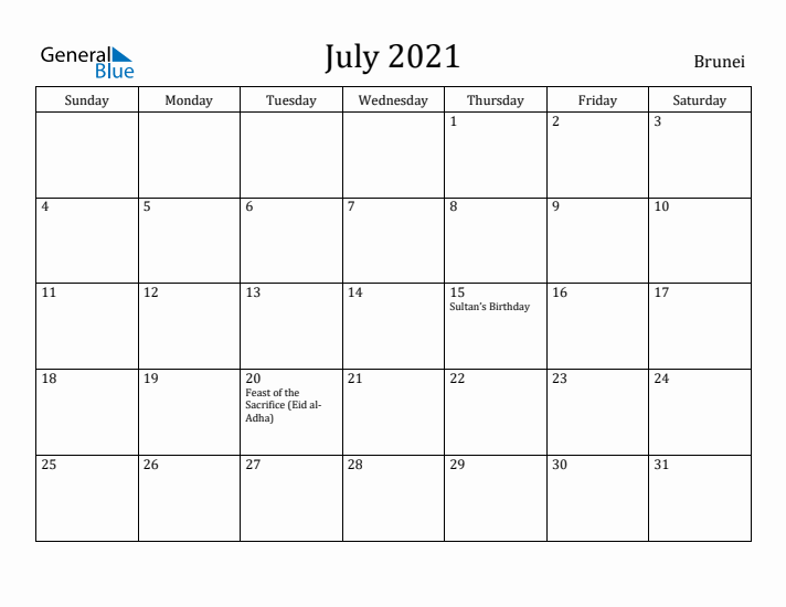 July 2021 Calendar Brunei