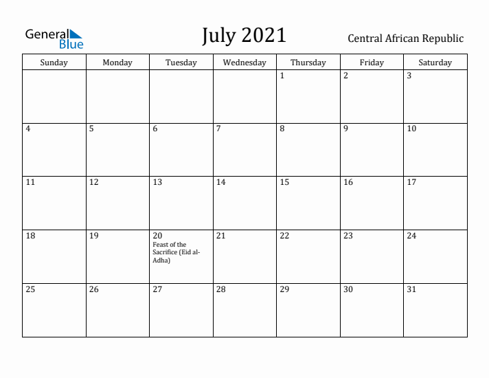 July 2021 Calendar Central African Republic