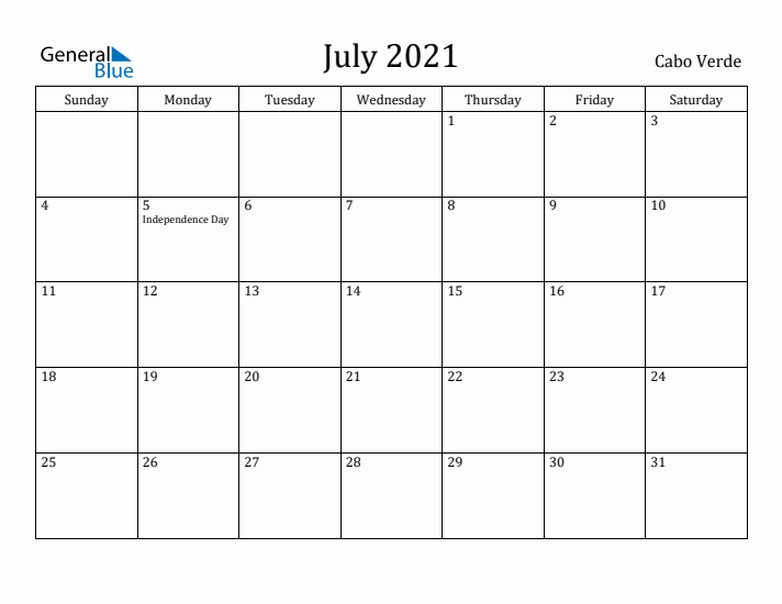 July 2021 Calendar Cabo Verde