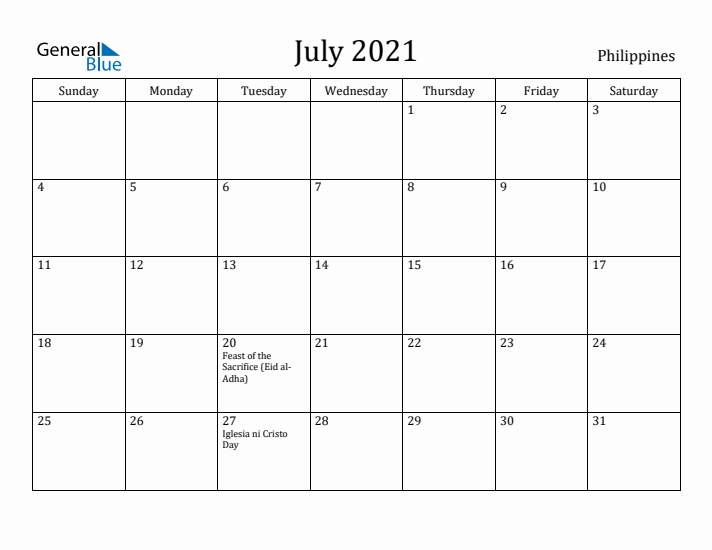 July 2021 Calendar Philippines