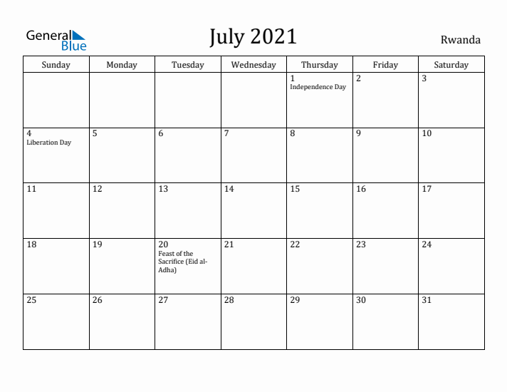 July 2021 Calendar Rwanda