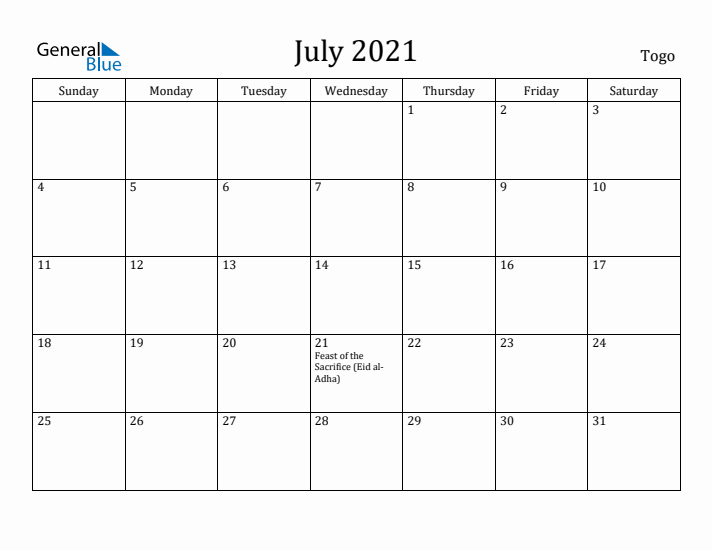 July 2021 Calendar Togo