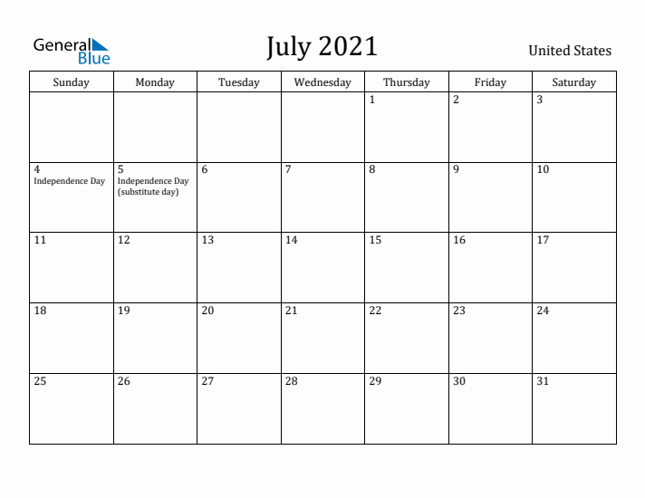 July 2021 Calendar United States