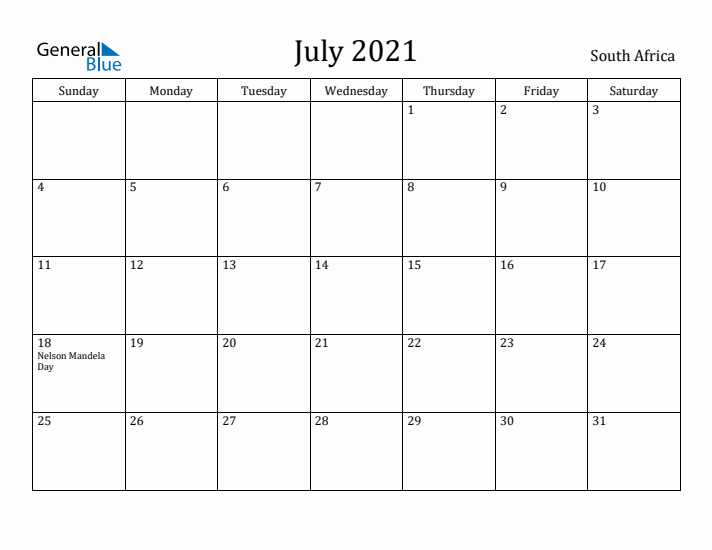 July 2021 Calendar South Africa