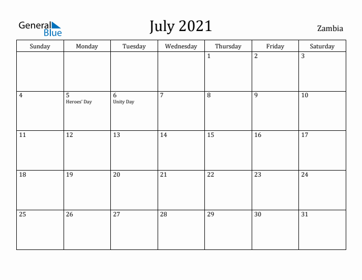 July 2021 Calendar Zambia