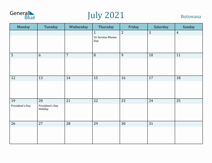 July 2021 Calendar with Holidays