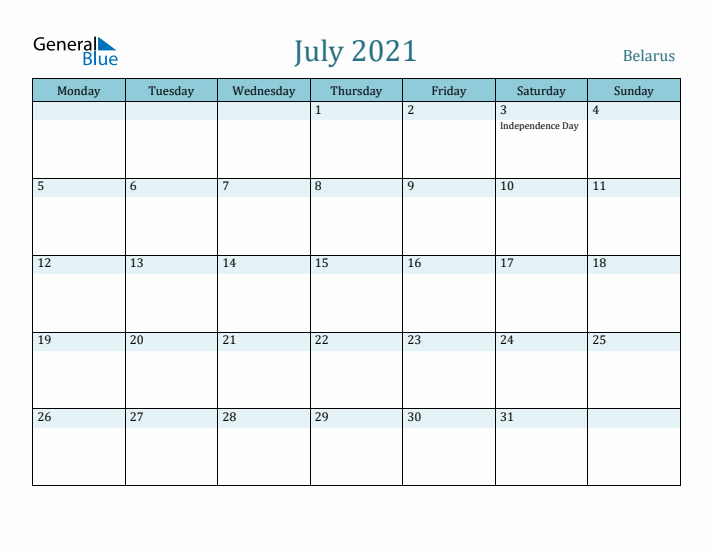 July 2021 Calendar with Holidays