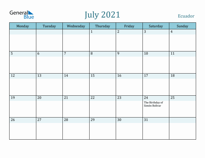 July 2021 Calendar with Holidays