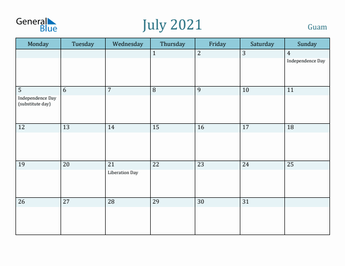 July 2021 Calendar with Holidays