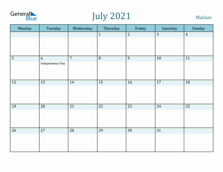 July 2021 Calendar with Holidays