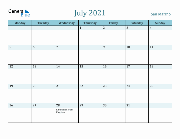 July 2021 Calendar with Holidays