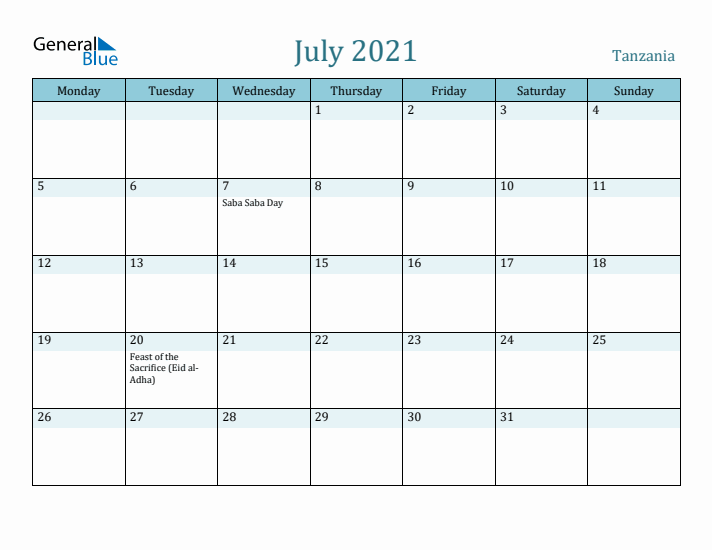 July 2021 Calendar with Holidays