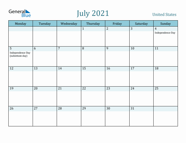 July 2021 Calendar with Holidays