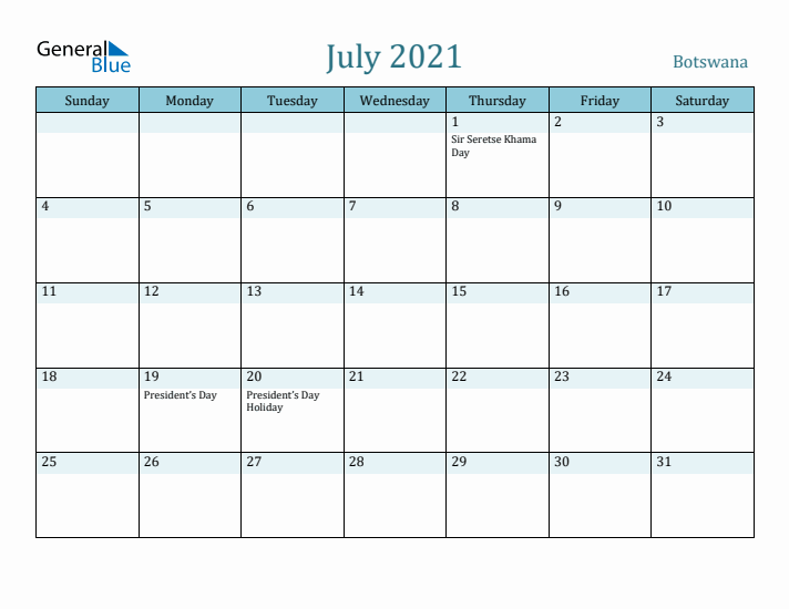 July 2021 Calendar with Holidays