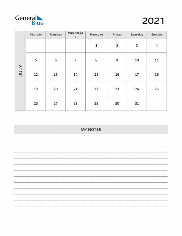 July 2021 Calendar Printable