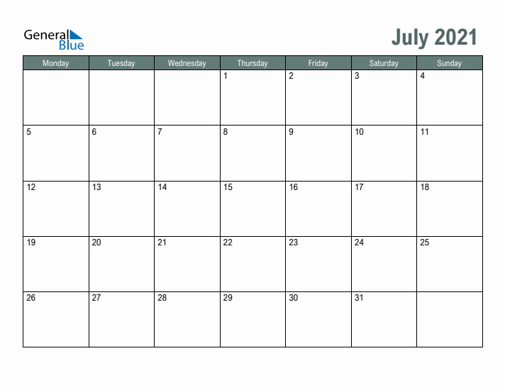 Free Printable July 2021 Calendar