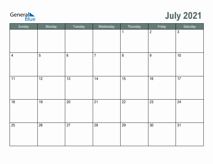 Free Printable July 2021 Calendar