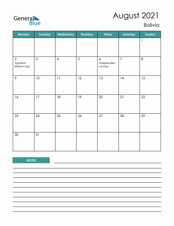 Calendar with Notes Printable - Monday Start