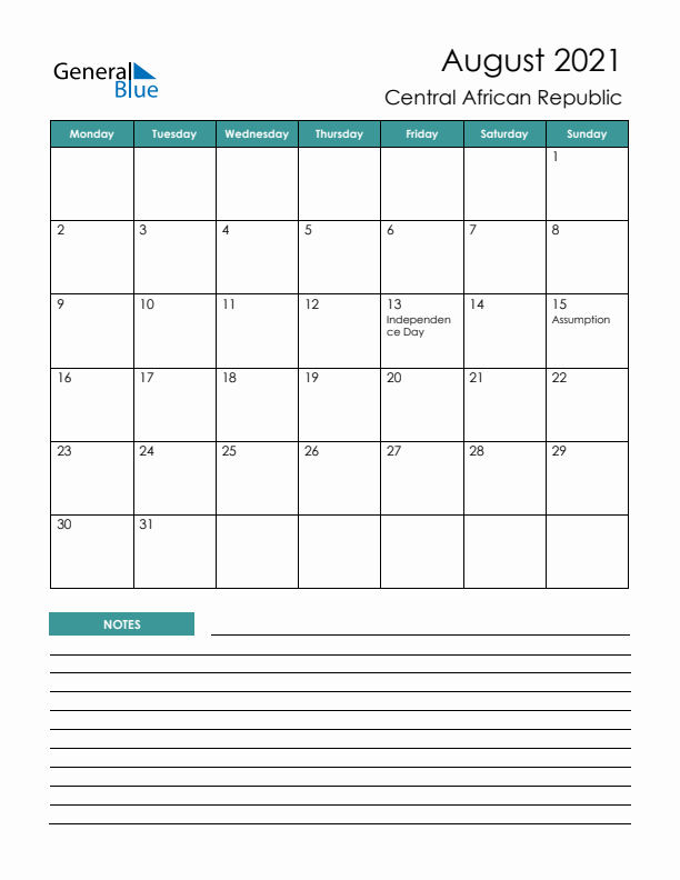 Calendar with Notes Printable - Monday Start