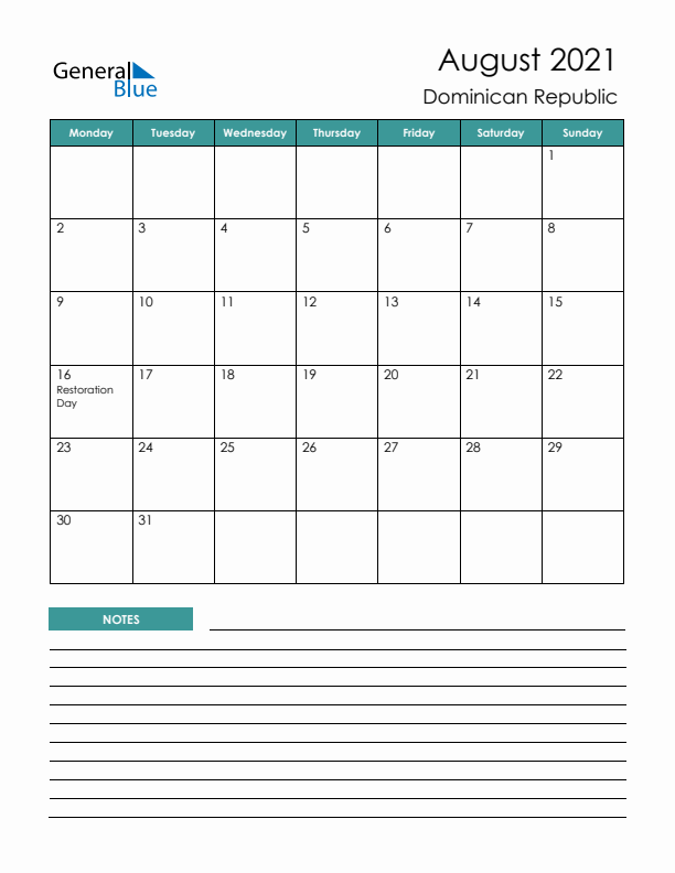 Calendar with Notes Printable - Monday Start